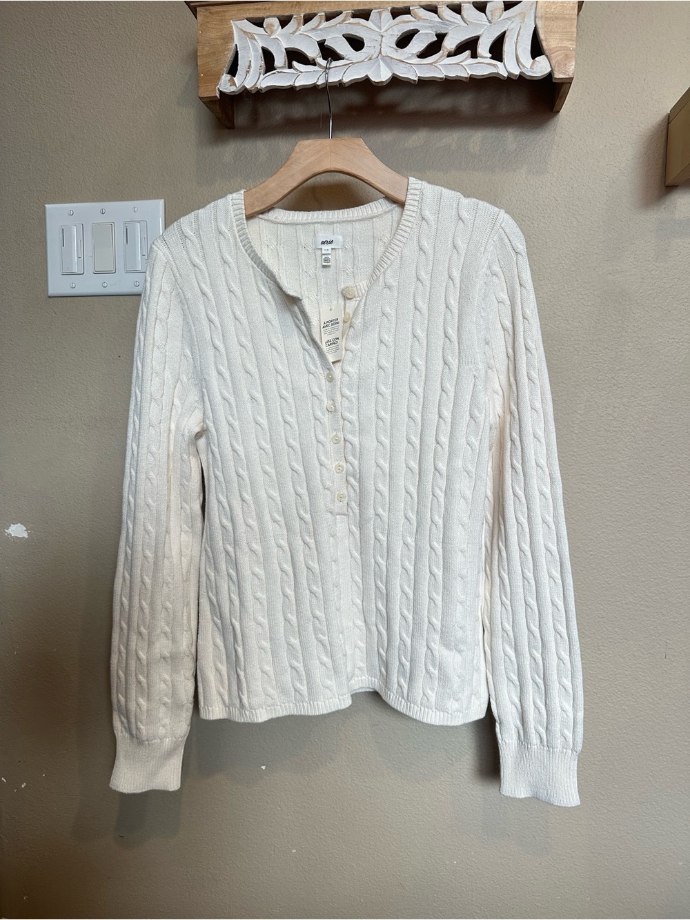 Aerie Cotton Cable Henley Sweater cream size L